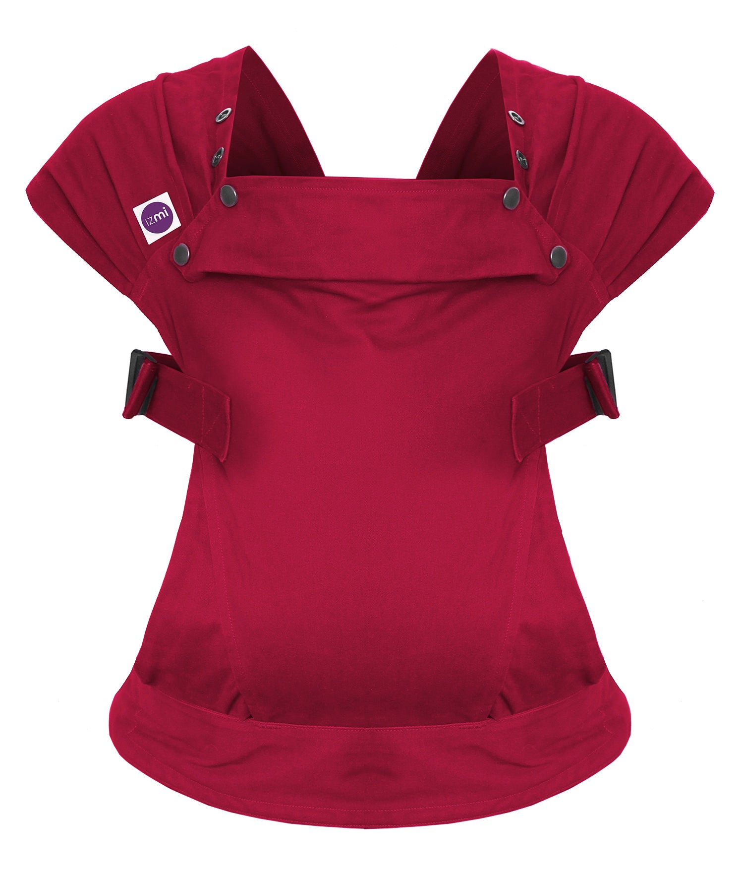 Die Babytrage Essential, eine Babytrage aus rotem Stoff mit Schultergurten, seitlichen Schnallen und Druckknöpfen, bietet ergonomischen Halt für Ihr Baby und ist auf weißem Hintergrund abgebildet.